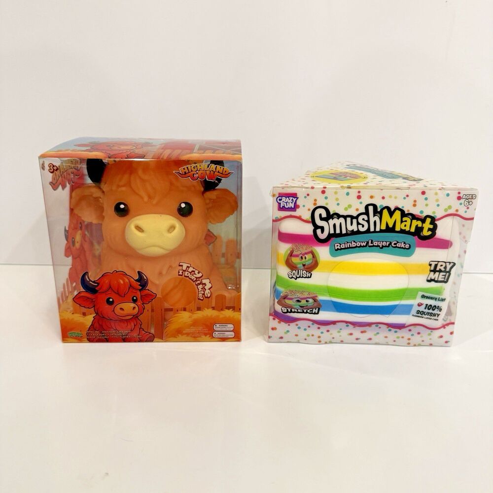 Lot of 2 NEW Highland Cow & SmushMart Rainbow Layer Cake Squishy Toys